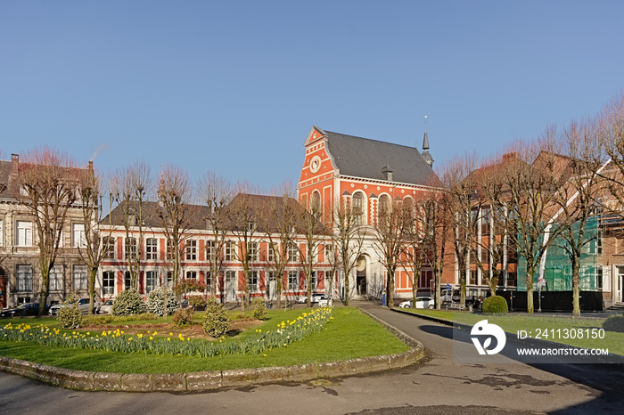 Park on Franklin Roosevelt square and  Chapel of the former Ursuline Convent in Mons, Hainaut, Belgium