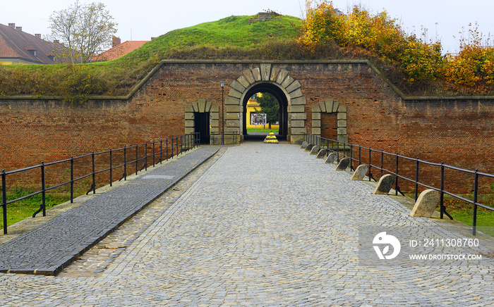 Upper Water Gate, built in 1782. Terezin is a former military fortress composed of citadel and adjacent walled garrison town of Litomerice District, Czech Republic