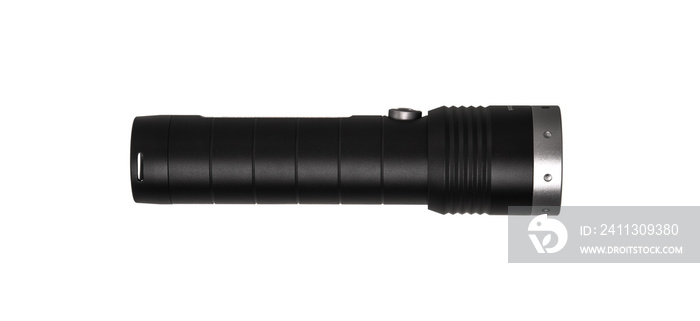 modern black metal flashlight isolated on white