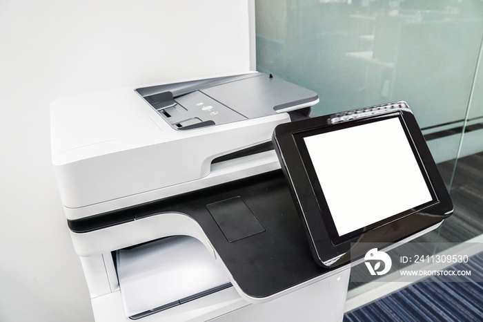 close up touch screen of multi function printer in office for printing and scanning documents