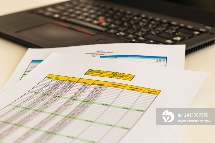 Close up shot of a print outs of excel table of a bank loan amortization table, personal balance sheet and laptop. Banking