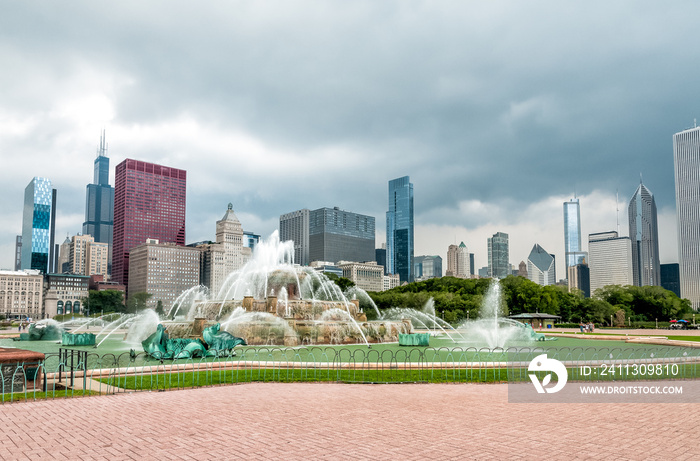 Buckingham Memorial Fountain in the center of Grant Park in Chicago downtown, Illinois, USA