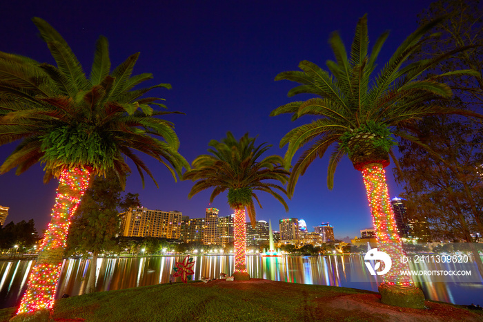 Orlando skyline sunset at lake Eola Florida US