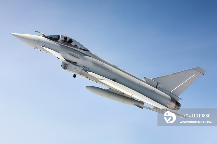 RAF (Royal Air Force) Typhoon Fighter Jet air to air photograph against a blue sky. NATO aerial combat patrol used in conjunction with Russia and Ukraine
