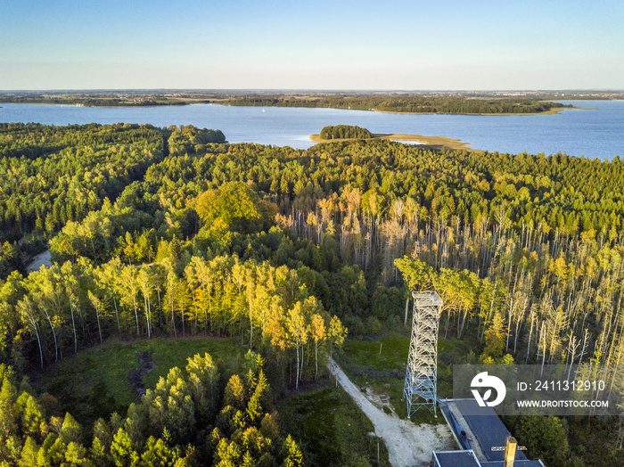 Observation deck and nature in Mamerki, Mazury district lake, Poland