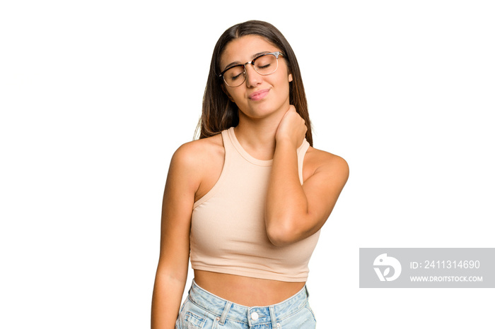 Young Indian woman isolated cutout removal background having a neck pain due to stress, massaging and touching it with hand.