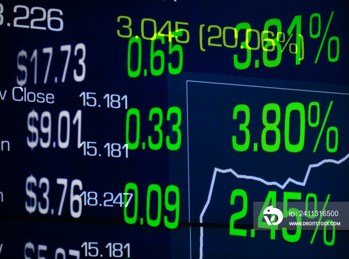 stock market rally price percentage increase green numbers with graph and reflection financial display