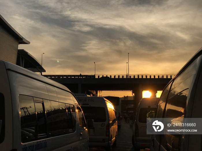 Van waiting to be picked up by the departing line, in Phuket International Airport, in the morning In the airport parking