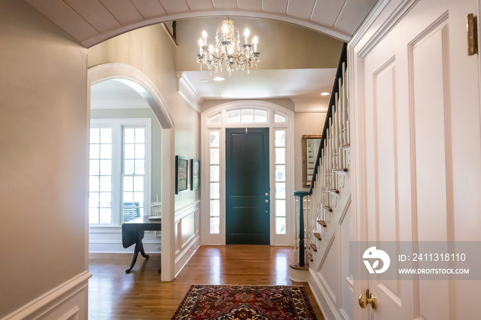 Front Entryway Entrance Hallway with Teal Door and Rug