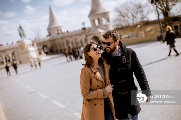 Loving couple by the Fisherman’s Bastion in Budapest, Hungary