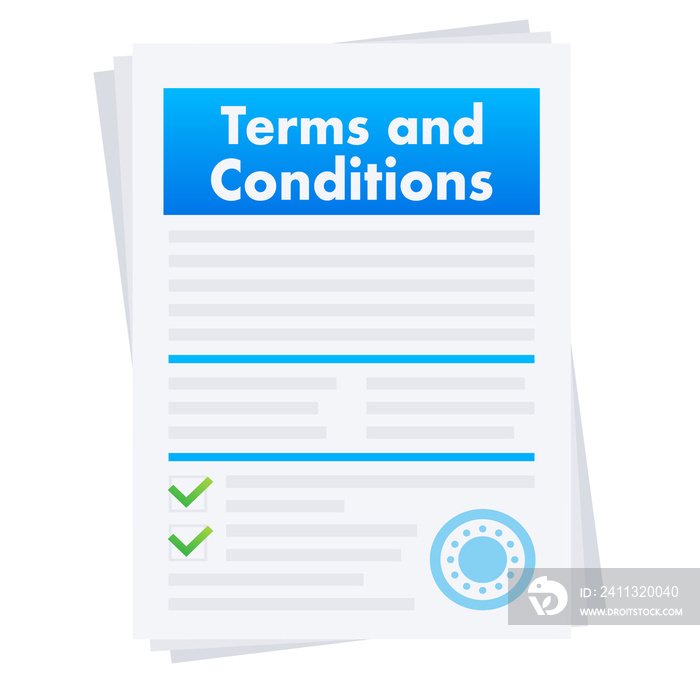 Terms and conditions. Protecting personal data. Document paper, contract. Vector stock illustration.