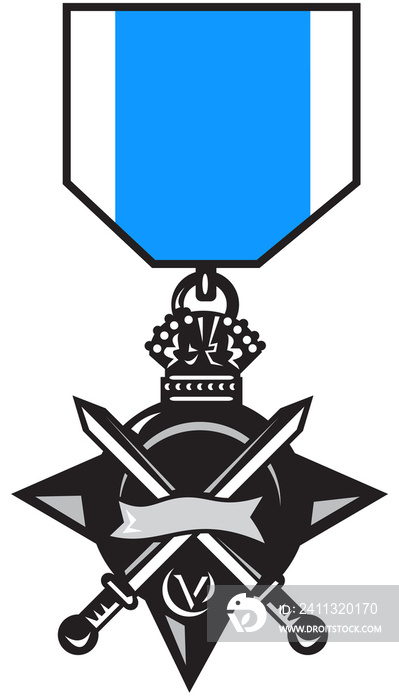 illustration of a military medal of bravery, honor and valor showing a crossed sword with crown isolated on white