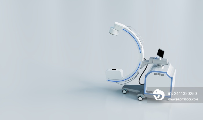 C arm real time x-ray machine in operation room on white background, 3D illustrations rendering