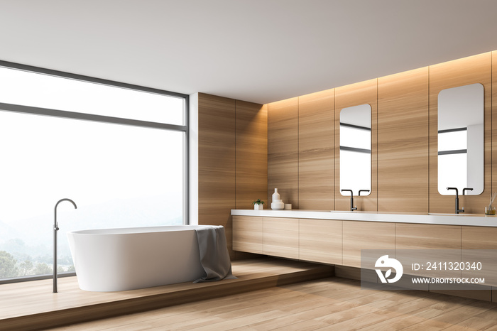 Wooden bathroom corner with tub and double sink