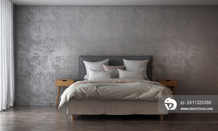 Modern style bedroom and concrete wall texture background interior design. 3D rendering