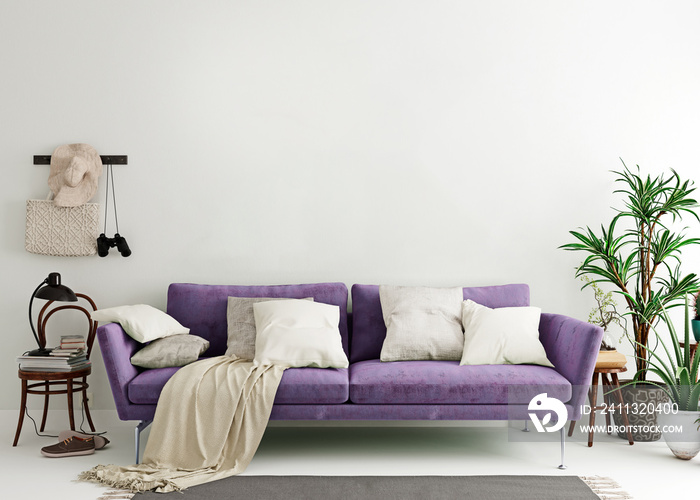 Mock up wall in purple indigo modern interior background, living room, Scandinavian style, 3D render, 3D illustration