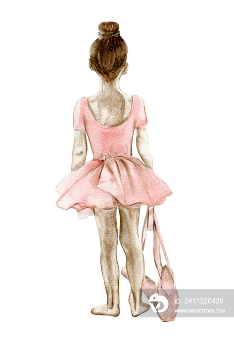 Watercolor ballerina girl in classic pink dress. Pretty ballerina. Watercolor hand draw illustration. Can be used for greetings cards or posters.With white isolated background. Illustration hand drawn
