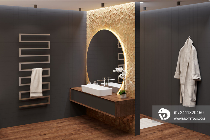 Bathroom with black walls and wooden floor, with a washbasin next to a large round mirror on the wall with gold mosaic, a towel on a heated towel rail, a terry robe on a black wall. 3d render