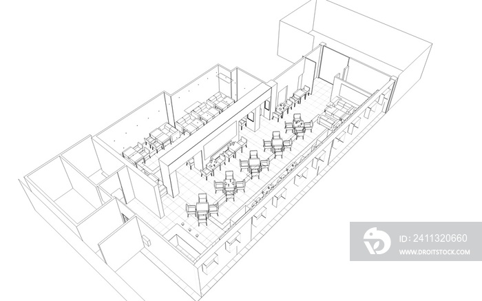 restaurant, 3D illustration, sketch, outline