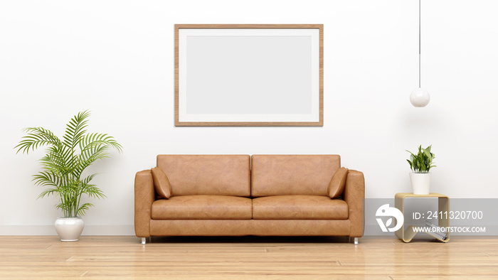 Horizontal frame mockup on the empty white wall with with modern leather sofa interior.