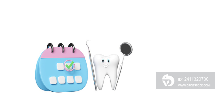 3d calendar with dental molar teeth model, marked date, dentist mirror, sickle scaler isolated. health of white teeth, dental examination of the dentist, 3d render illustration