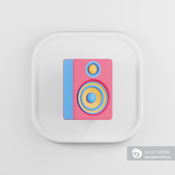 Multicolored speaker icon. 3d rendering white square button key, interface ui ux element.