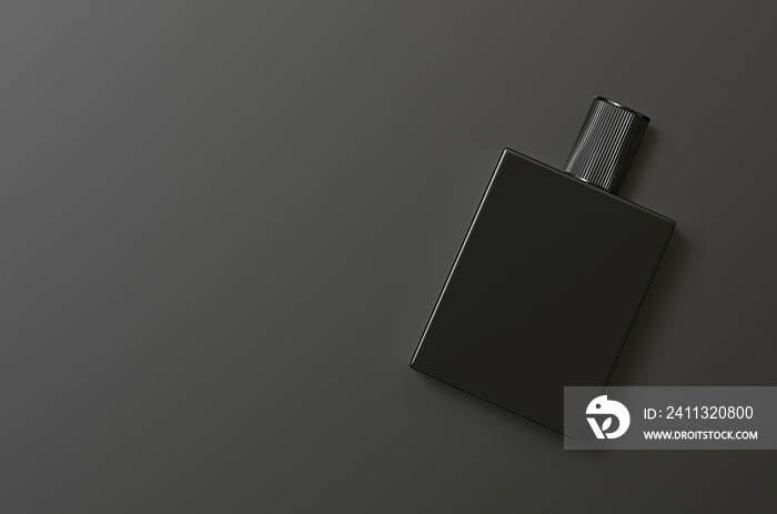 Black fragrance perfume bottle mockup on dark empty background, 3d illustration