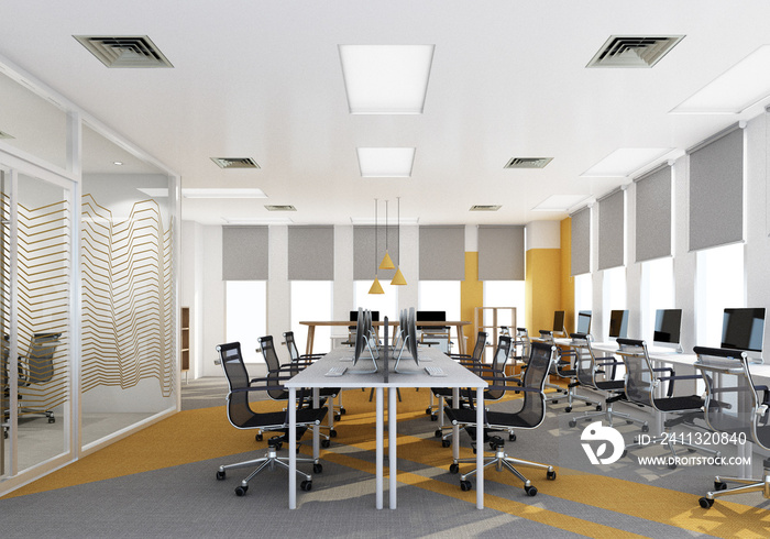 Working area in modern office with carpet floor and meeting room yellow and gray color. interior 3d rendering