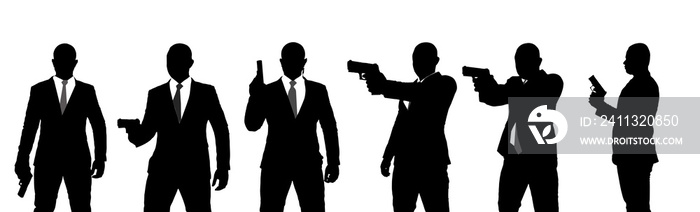 Set of silhouettes of hand gun man on white background,spy or criminal holding, pointing and aiming hand gun in different poses.