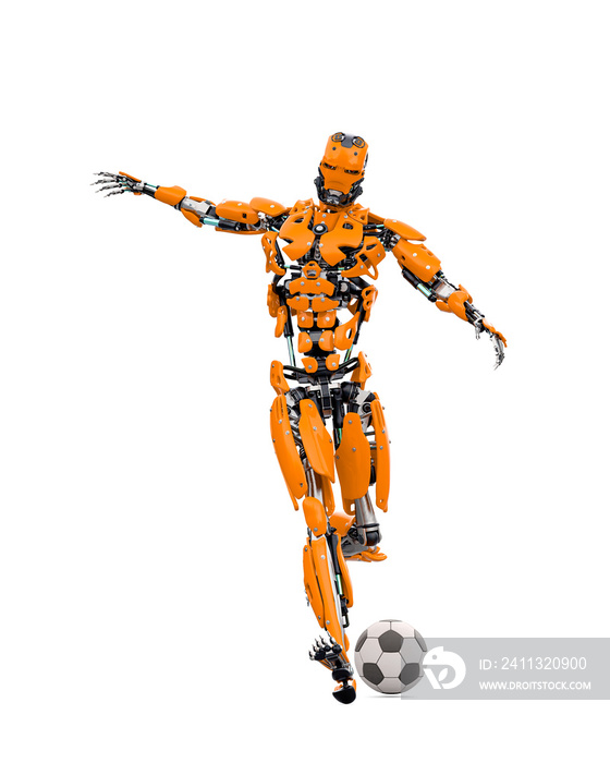 master cyber robot is kicking the football ball