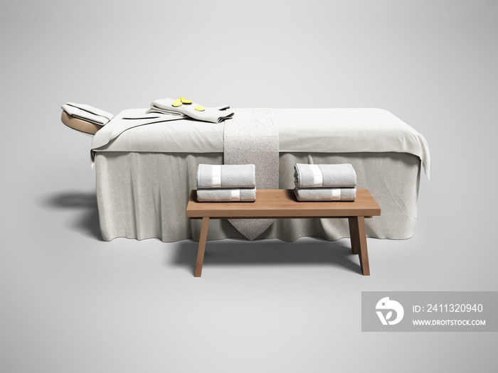 Modern white massage bed with folded towels 3d render on gray background with shadow