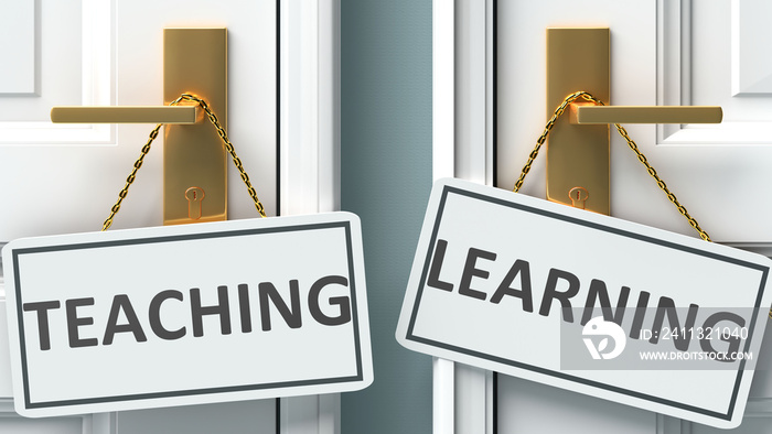 Teaching or learning as a choice in life - pictured as words Teaching, learning on doors to show that Teaching and learning are different options to choose from, 3d illustration