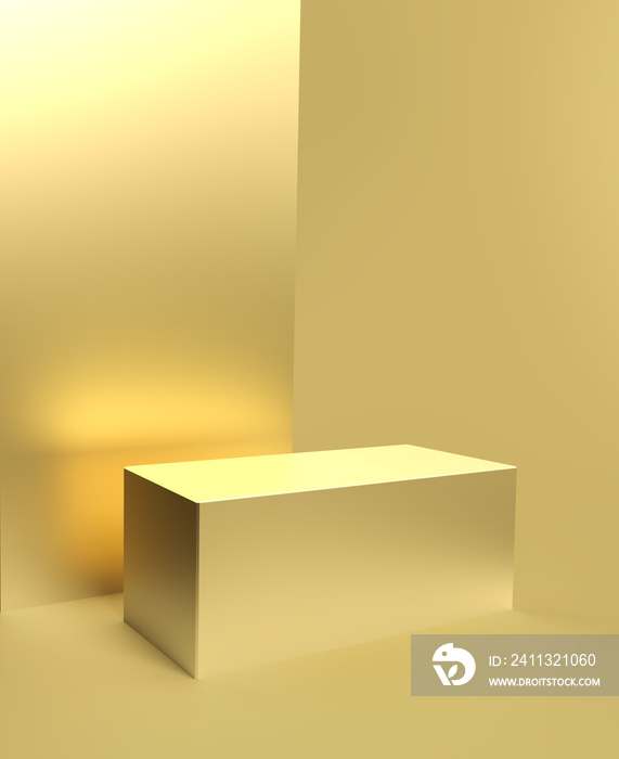 Podium of gold, golden stage platform, background. Golden pedestal or product display, luxury stand or studio showcase podium