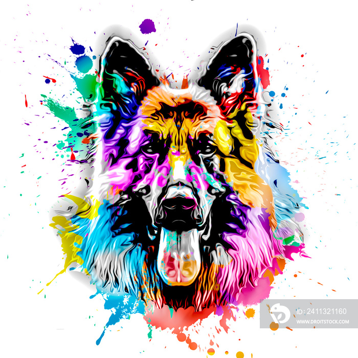 German Shepherd Dog’s head illustration on background with colorful creative elements