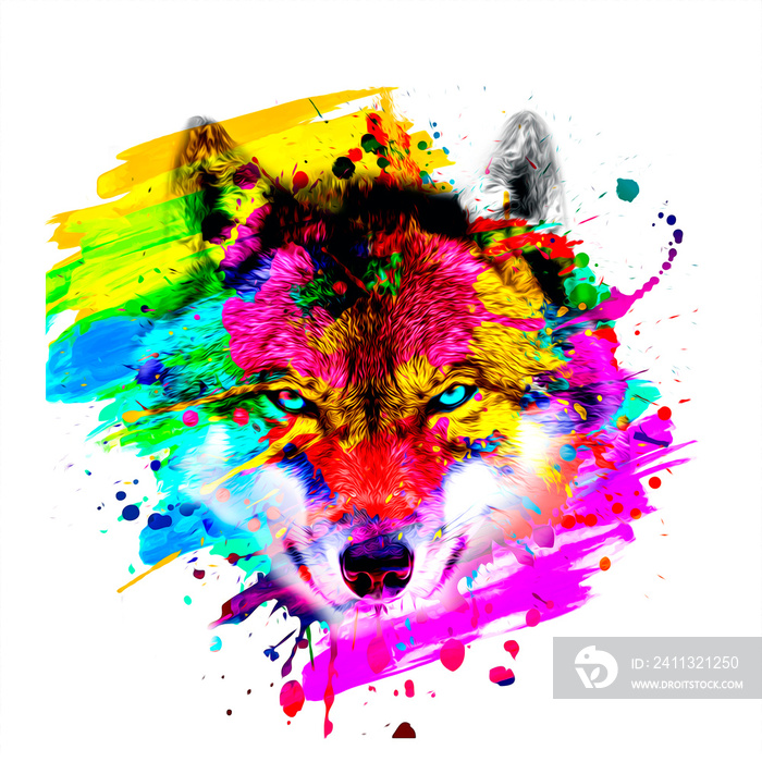 Wolf head with creative abstract colorful spots elements on white background