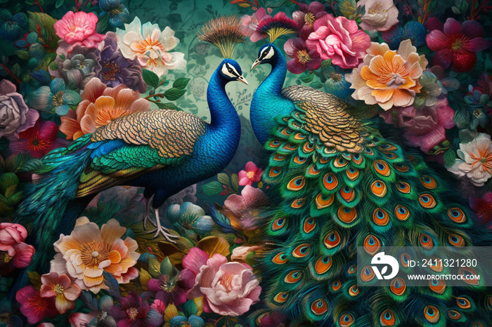 2 peacock with feathers, surrounded by flowers