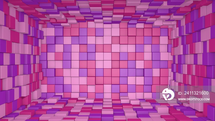 Abstract room interior with pink purple cubes. Box cube random geometric background. Square pixel mosaic background. Land blocks. Mock-up for your design project. 3d rendering