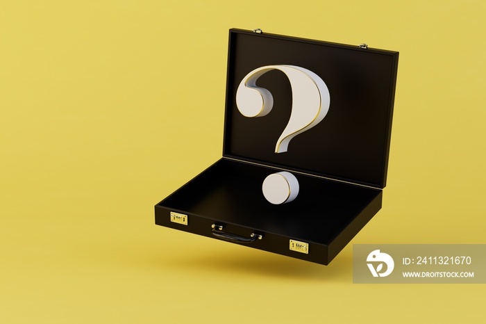 it is not known what is in the suitcase. open black case with a question mark on a yellow background. 3D render