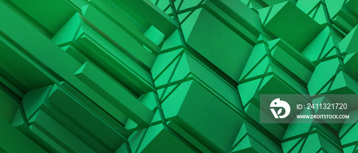 Abstract Background and Metaverse technology for Geometric shapes Futuristic Origami and digital Concept on Green. Innovation, connection, copy space, Development, banner, website -3d Rendering