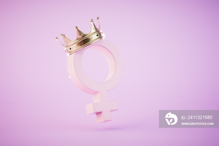 the concept of the queen’s woman. a woman’s badge in a crown on a pastel background. 3D render