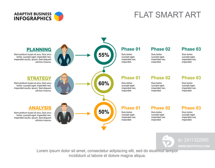 Three option percentage chart. Editable template for process diagram, vertical flowchart. Creative concept for presentation, project, report. Can be used for topics like business, marketing, analysis