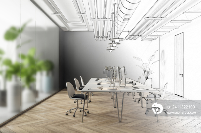 Hand drawn sketch of modern coworking office interior with equipment, furniture, decorative plants and matte glass partition. Workplace design and refurbishment concept. 3D Rendering.