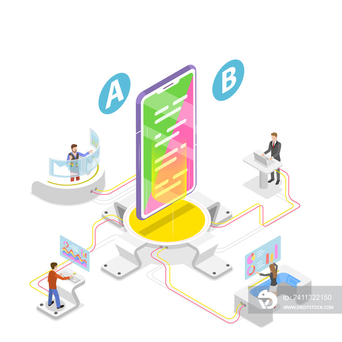 Isometric flat  concept of AB testing, split test, A-B comparison.