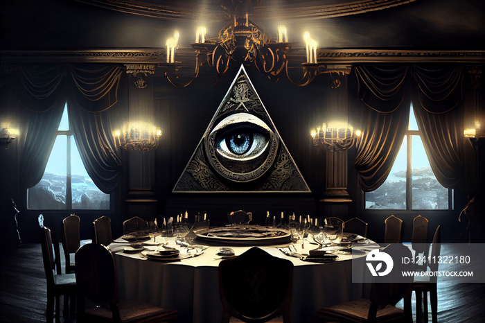 Illuminati meeting, all seeing eye pyramid, concept of secret societies, elite rulers, occultism and masonic conspiracies