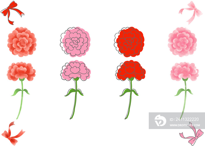 母の日、手描き水彩、ドローイングのカーネーション素材／Mother’s Day, hand-painted watercolor, drawing carnation material