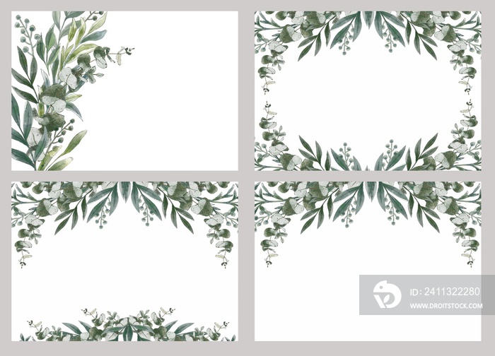 Watercolor eucalyptus floral template. Greenery leaves and branches. Design element for wedding invitation and greetings card