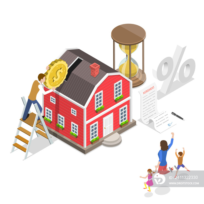 Isometric flat  concept of mortgage, real estate deal.