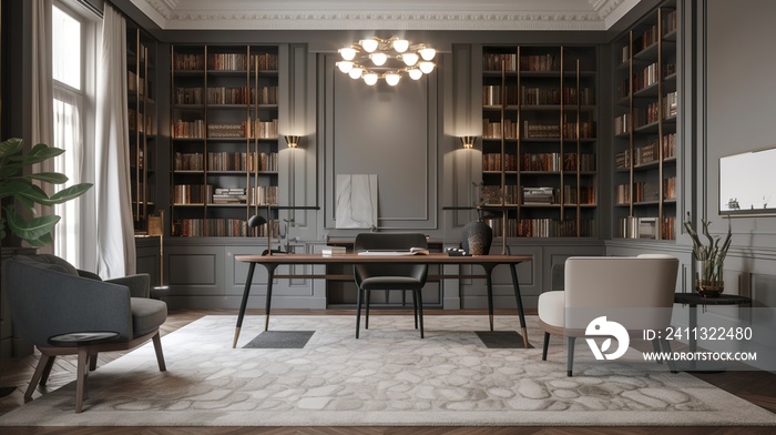 modern library room interior with big table