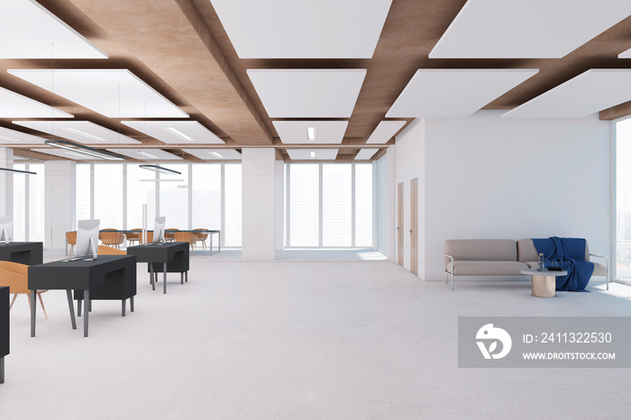 Contemporary concrete and wooden coworking office interior with equipment, daylight and furniture. 3D Rendering.