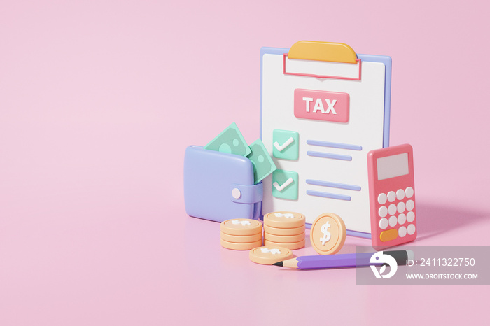 Minimal cartoon isometric, Checklist on clipboard paper state government taxation, Tax payment concept. calculator, cash, coins on pink background. 3d rendering